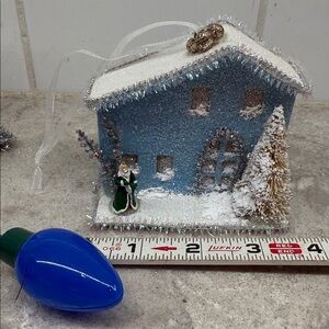 Miniature Tiny Holiday Glittery Putz House Ornament. Hand made 4”x3.5”x2”